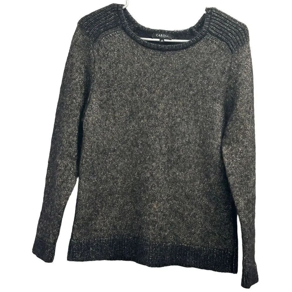 Caroll Paris Black and Metallic Long Sleeve Ribbed Shoulder Crew Neck Viscose, M